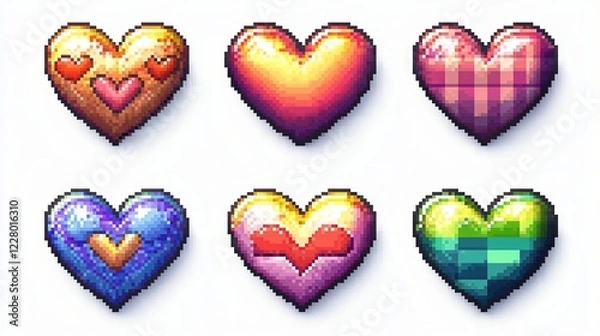 Fototapeta Six Pixel Art Hearts with Various Textures and Patterns Against a Plain White Background.