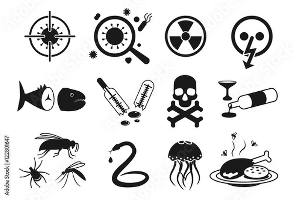 Obraz Vector icon set of different types of health dangerous, problems: poison, venom, toxic, intoxication with alcohol or spoiled food, mercury, burn, bacterium, snake or insect bite, jellyfish sting.