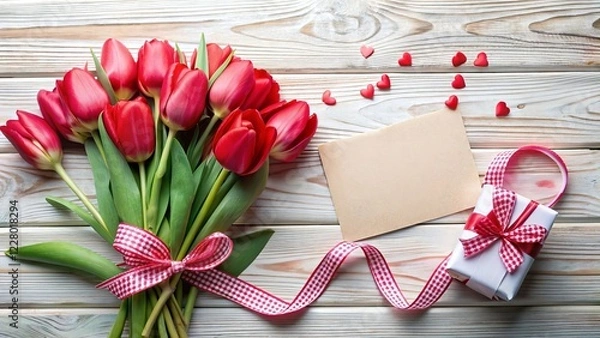 Fototapeta Festive Card with Space for Text, Decorated with Tulips and Ribbon on a White Wooden Table