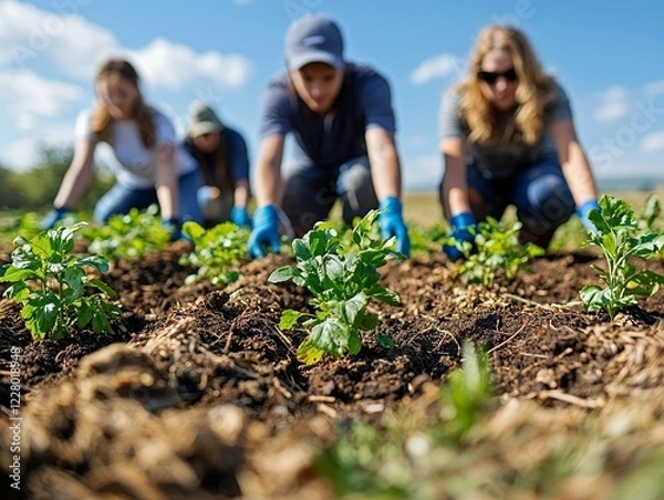 Fototapeta Diverse Group Planting Saplings in Hopeful Open Field Under Bright Sky