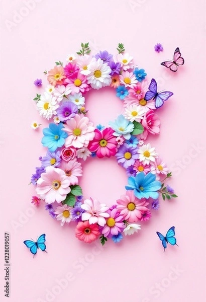 Fototapeta 8 March background with spring flowers on pink background. International Women's Day celebration, greeting card design with colorful wildflowers. Flat lay, flatlay