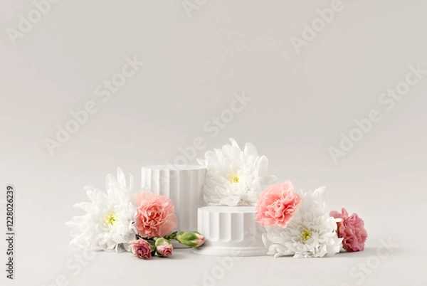 Obraz Beauty Cosmetics Product Presentation Podium made with White Columns and Natural Flowers on White Background. Studio Photography.