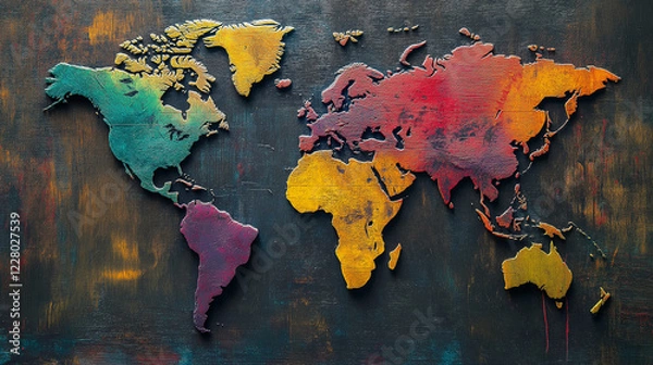 Obraz Colorful world map artwork on textured dark background. Ideal for global business and international relations themes.