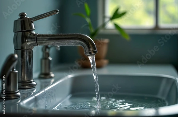 Obraz Water flows from a shiny faucet into a clean sink in a bright and spacious bathroom with a plant in the background
