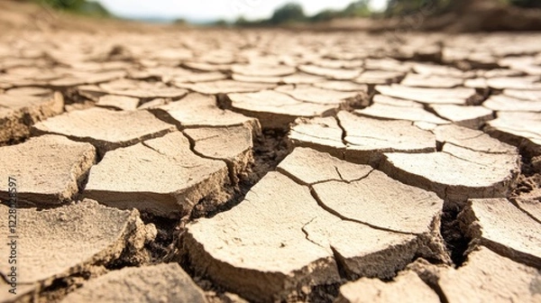 Fototapeta Cracked dry earth texture in shades of beige and brown, symbolizing drought and arid conditions.