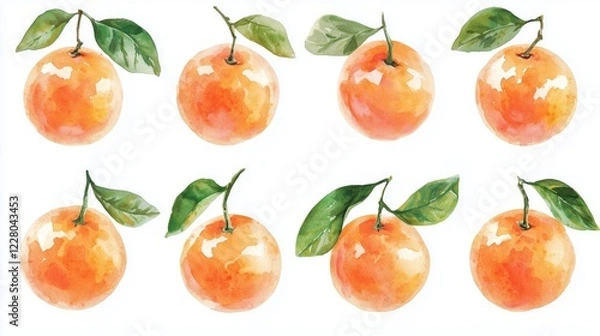 Fototapeta Watercolor Oranges With Vibrant Orange and Yellow Hues, Green Leaves, and Soft Painterly Texture on a White Background