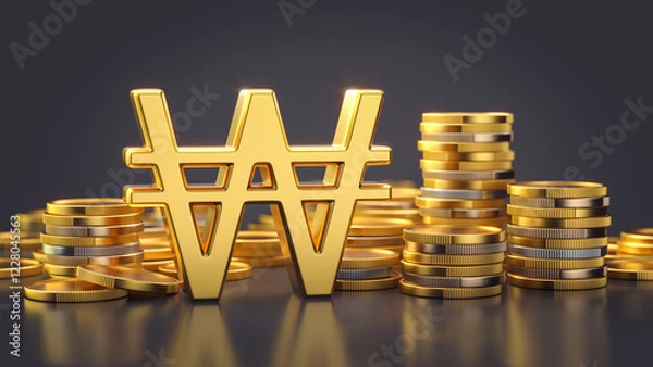 Fototapeta South Korean Won symbol with stacks of coins on a dark background