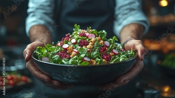 Fototapeta A chef presents a large bowl of fresh salad featuring leafy greens, radishes, and various toppings. The setting is a warmly lit restaurant kitchen, enhancing the appetizing appearance
