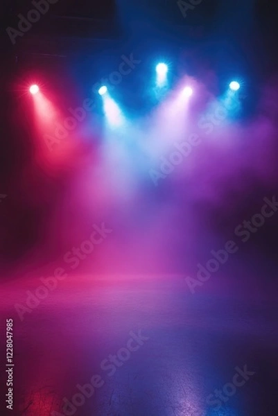 Fototapeta Illuminated stage with multi-colored spotlights creating a vibrant atmosphere for performances.