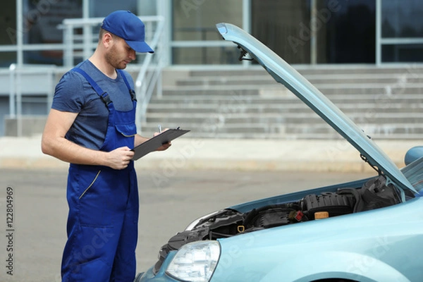 Obraz Mechanic with a clipboard and pen standing near open car hood