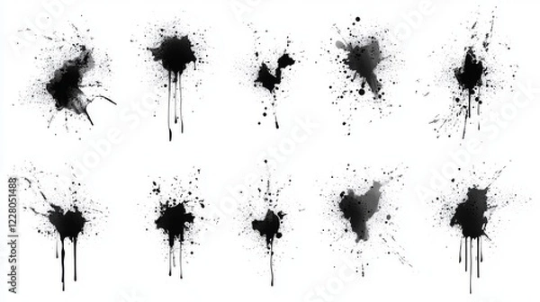 Fototapeta Black ink splashes isolated on white background. Grunge vector elements