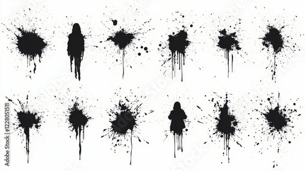 Fototapeta Black ink splashes isolated on white background. Grunge vector elements