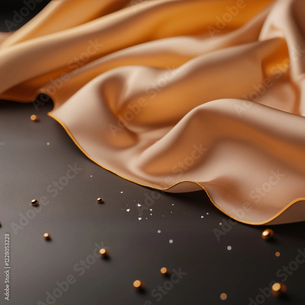 Fototapeta Golden satin fabric with scattered beads | Soft, flowing silk draped on dark background with metallic accents and glitter, luxury textile texture, elegant backdrop for design mockups.