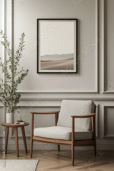Fototapeta Frame Mockup  Cozy reading nook with framed artwork | Elegant armchair with wooden frame, side table, and potted plant against soft neutral walls with decorative molding, warm and inviting interior.