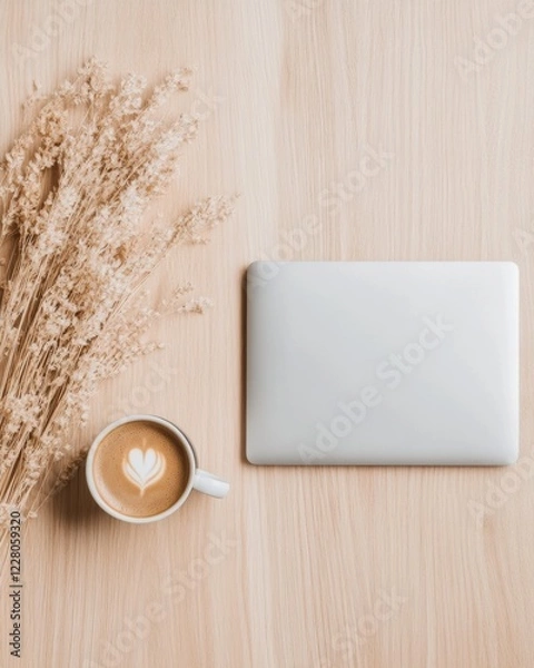 Fototapeta Pastel Minimalism Virtual Volunteer Workspace with Laptop and Coffee on Wooden Surface - Tech for Social Change and Sustainable Startup Solutions