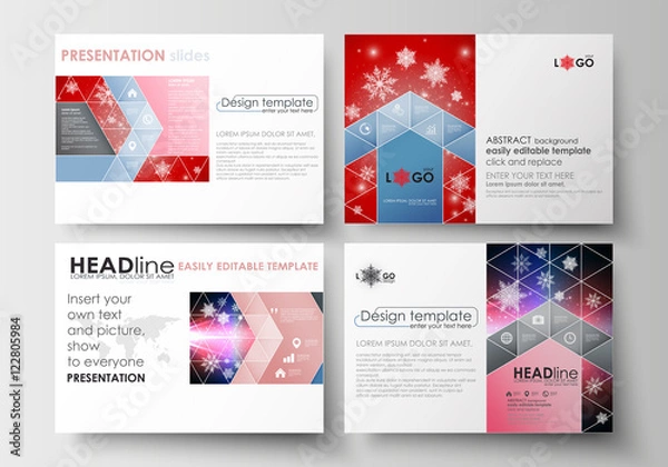 Fototapeta Set of business templates for presentation slides. Easy editable abstract layouts in flat design. Christmas decoration, vector background with shiny snowflakes.