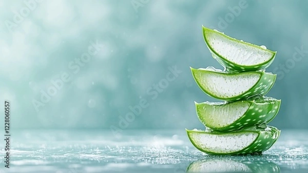 Fototapeta Fresh aloe vera slices stacked on reflective surface with soft green bokeh background