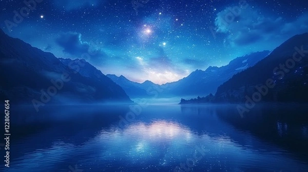 Fototapeta Tranquil Nighttime Lake Reflecting Starry Sky and Distant Mountains