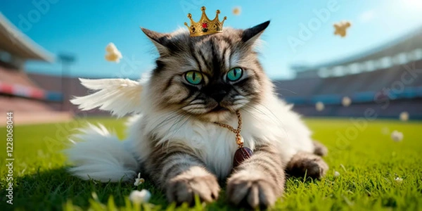 Obraz cat Angel portrait on football background and popcorn | Commercial | Cute | Background for a football project | cute stadium