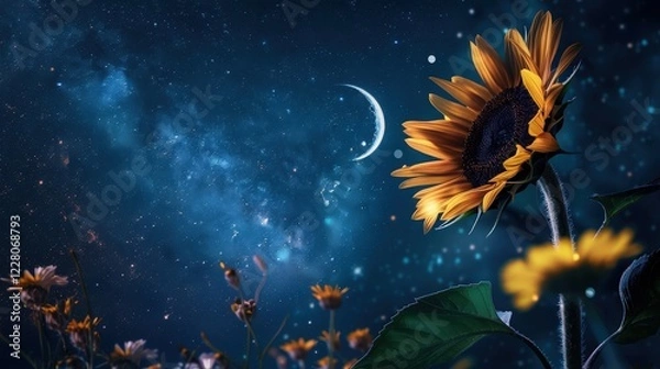 Fototapeta Sunflower Reaches for the Moon in a Celestial Nighttime Landscape Filled With Dreams and Hopes
