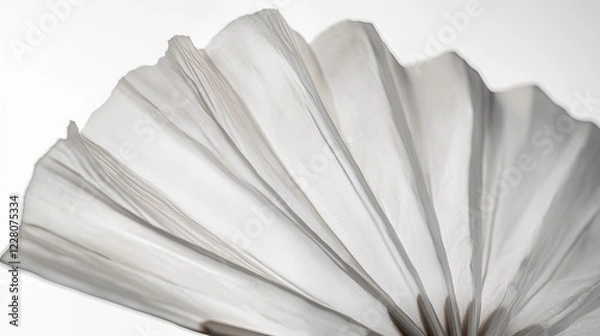 Fototapeta Intricate fan gracefully held aloft, its delicate folds unfurling against the backdrop of pristine white, capturing a moment of elegance and allure. 