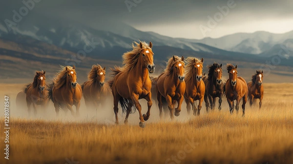 Fototapeta A herd of wild horses galloping across a wide, open plain under stormy skies, showcasing the power, freedom, and raw energy of untamed nature