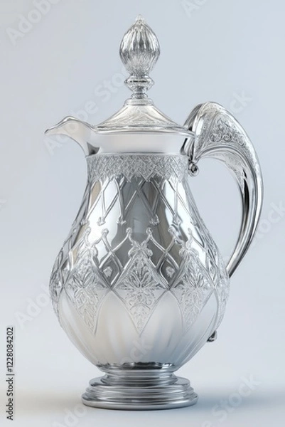 Fototapeta An elegant, ornate, antique sterling silver tea set with pitcher and cup. Featuring intricate designs and a lid for serving.