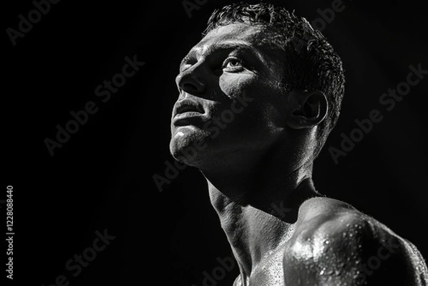 Fototapeta A black and white portrait of a sweaty muscular man looking upward, illuminated by dramatic light.
