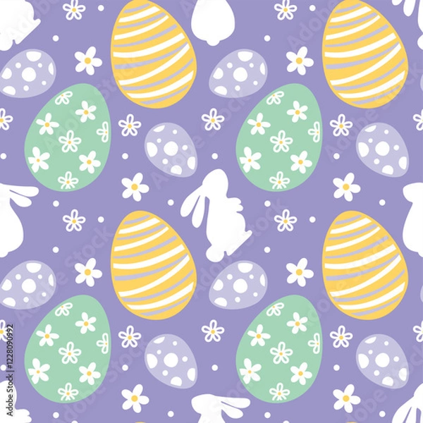 Fototapeta Easter bunny and eggs, spring.  Seamless pattern on purple background. Vector.