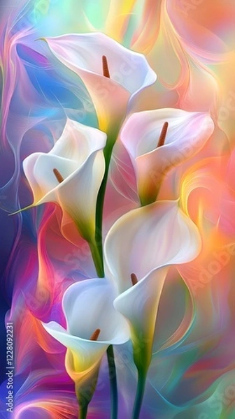 Fototapeta Beautiful colorful calla lilies, ethereal, luminous colors, soft lighting
