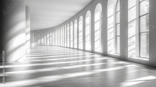 Fototapeta A serene interior space with arched windows casting shadows on the floor.