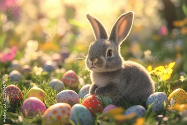 Fototapeta A charming Easter scene featuring a cute bunny surrounded by vibrant pastel-colored eggs in a lush grassy field.