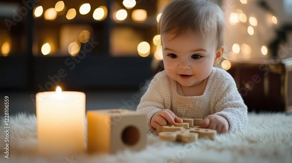 Fototapeta A baby is playing with wooden blocks and a candle