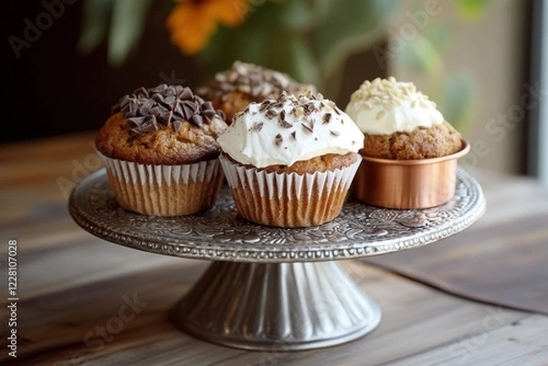 Fototapeta Colorful cupcakes topped with chocolate and cream frosting are presented on a decorative stand