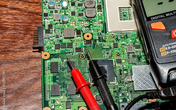 Fototapeta A computer motherboard with an digital multimeter and a red and black dipstick on it