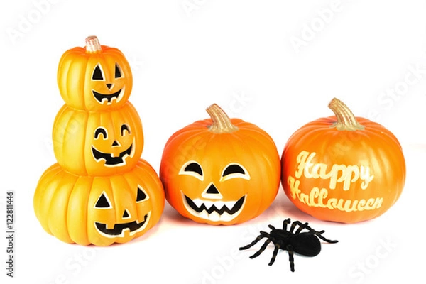 Fototapeta Halloween pumpkin lantern and spider isolated on white background