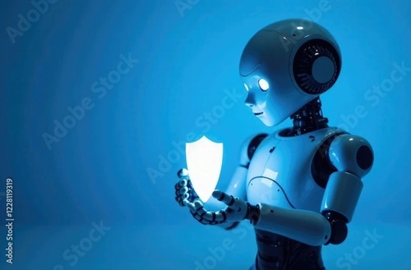 Fototapeta Banner with space for an inscription. The robot is holding a glowing white fit on a blue background.
