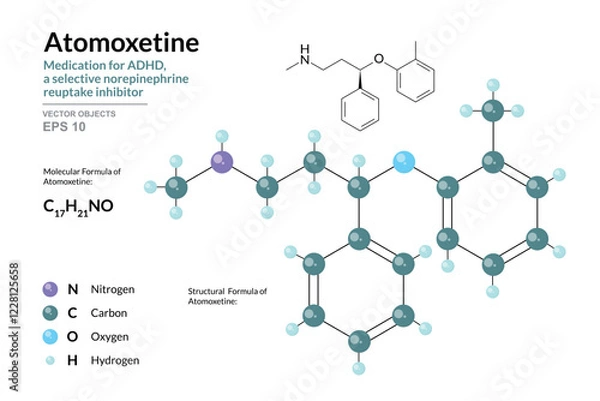 Fototapeta Atomoxetine. Structural Chemical Formula and 3d Model of Molecule. C17H21NO. Atoms with Color Coding. Vector graphic Illustration for educational materials, scientific articles, and presentations