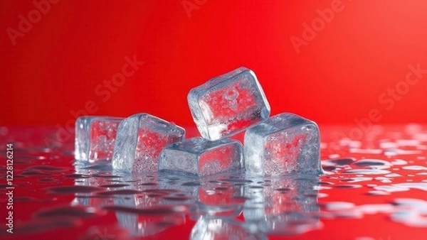 Obraz Fresh ice cubes melting on a reflective wet surface with a bold red background	