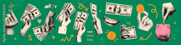Fototapeta Money halftone art collage cut outs set. Paper clippings, hands holding dollar bills, coins, piggy bank stickers with vintage dotted texture and doodles. Modern retro mixed media vector illustration