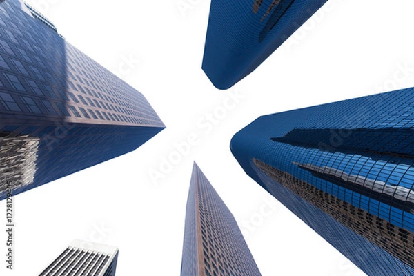 Fototapeta Upward view of downtown Los Angeles office towers with cut out sky.