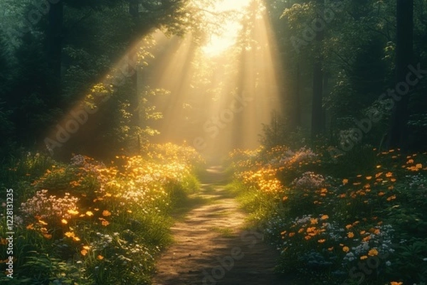 Fototapeta Warm sunlight filters through trees, creating sunbeams that illuminate a path lined with vibrant flowers, evoking a sense of tranquility and natural beauty within a serene forest setting