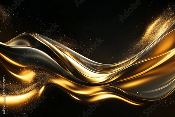 Fototapeta Elegant Flowing Golden Waves with Glowing Particles on a Dark Background, Abstract Futuristic Texture and Luxury Artistic Design