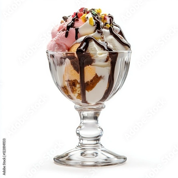 Fototapeta Ice Cream Sundae Delight, vibrant dessert creation with colorful toppings, set against a clean white backdrop, evokes a sweet indulgence atmosphere