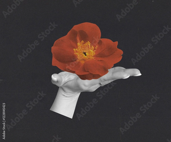 Fototapeta Surreal collage: a hand holding a red flower.