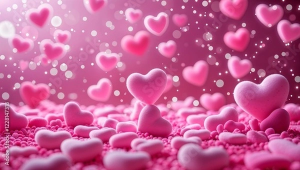 Fototapeta Soft and bright pink hearts of various sizes are scattered throughout, with a bokeh effect and glowing white dots, creating a dreamy and romantic atmosphere.