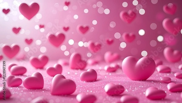 Fototapeta Soft and bright pink hearts of various sizes are scattered throughout, with a bokeh effect and glowing white dots, creating a dreamy and romantic atmosphere.