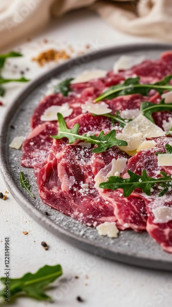 Fototapeta Exquisite beef carpaccio garnished with arugula, parmesan shavings, and edible flowers, captured in a macro shot with natural lighting
