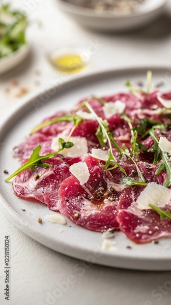 Fototapeta Exquisite beef carpaccio garnished with arugula, parmesan shavings, and edible flowers, captured in a macro shot with natural lighting