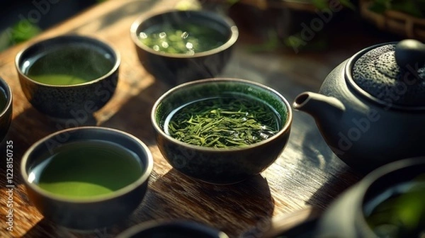 Fototapeta Refreshing green tea in cups and leaves on wooden table, closeup